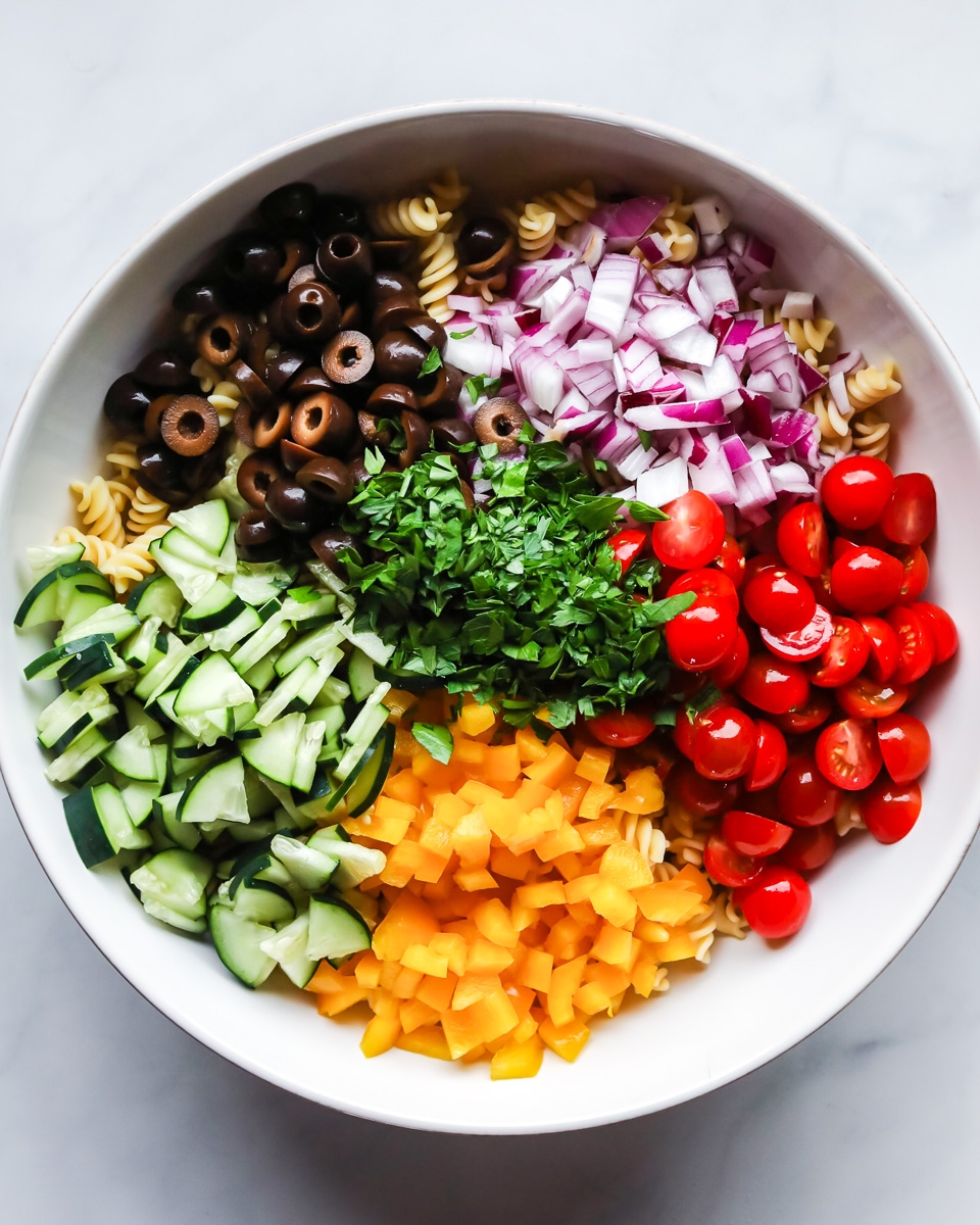 Ingredients for hummus pasta salad.