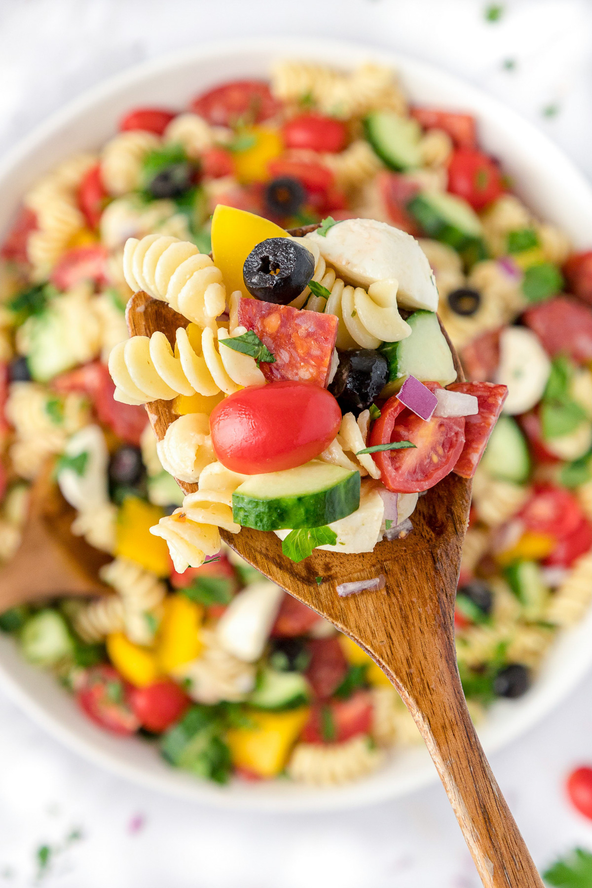 Italian pasta salad with spoon