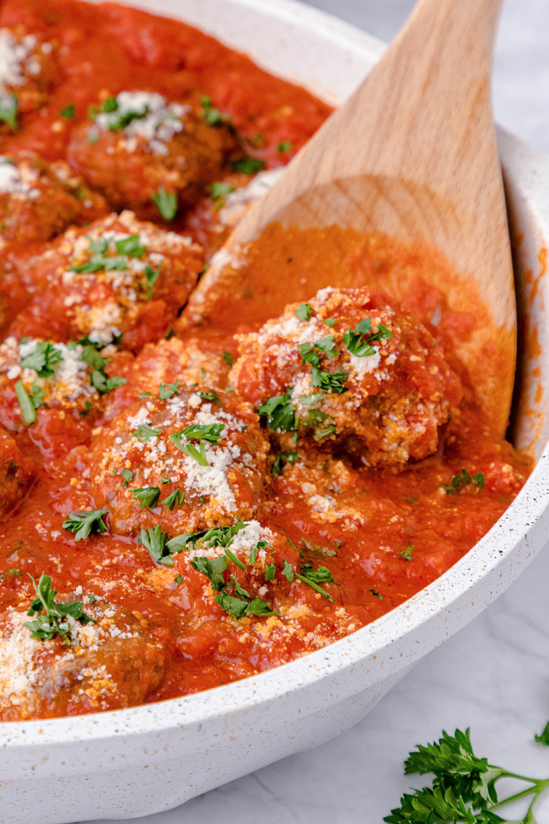 meatballs in pan with sauce