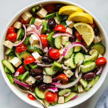 Greek salad in bowl.