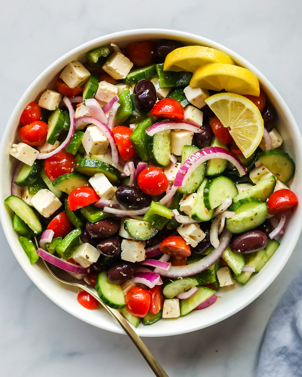 Greek salad in bowl.