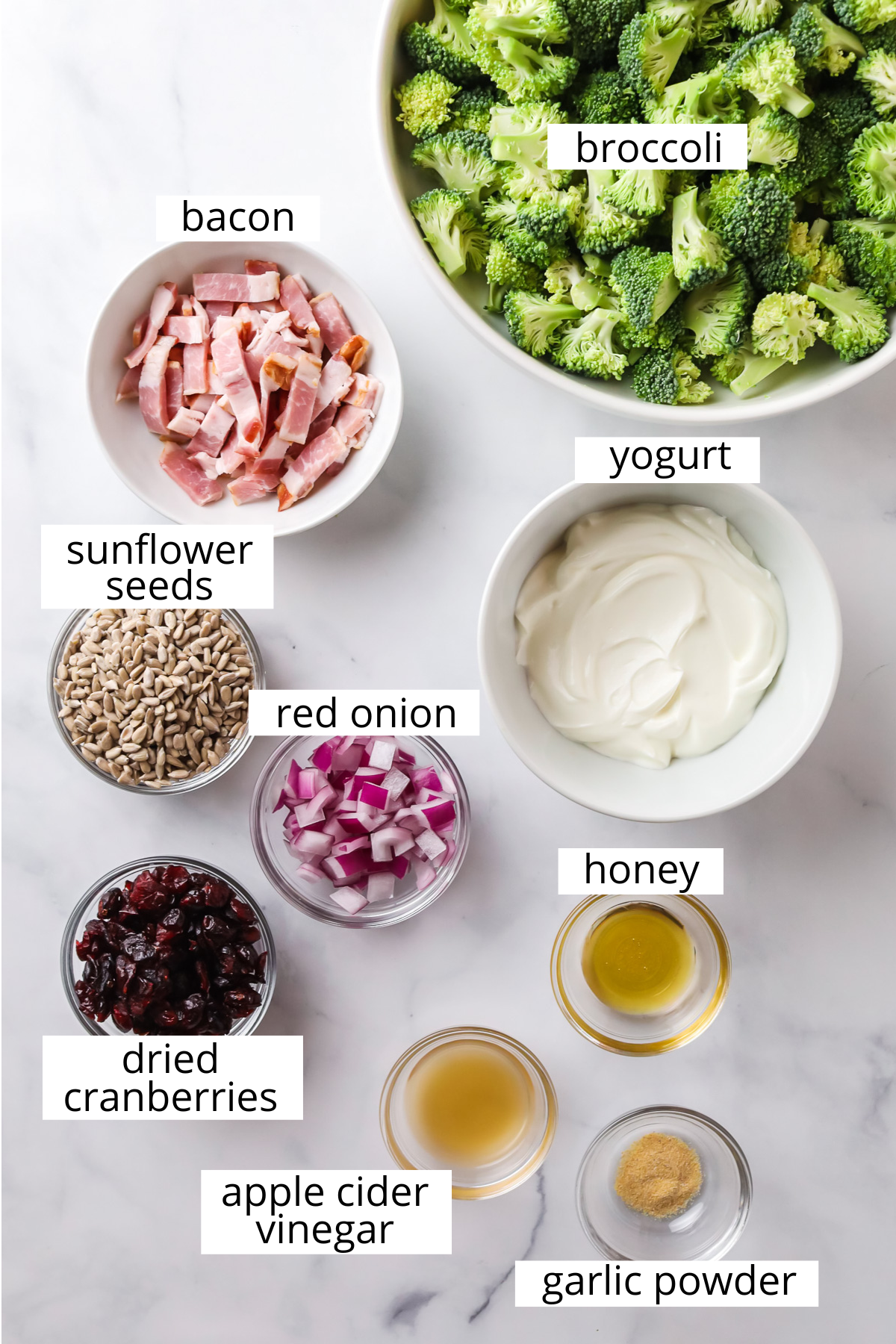 Broccoli salad ingredients. 