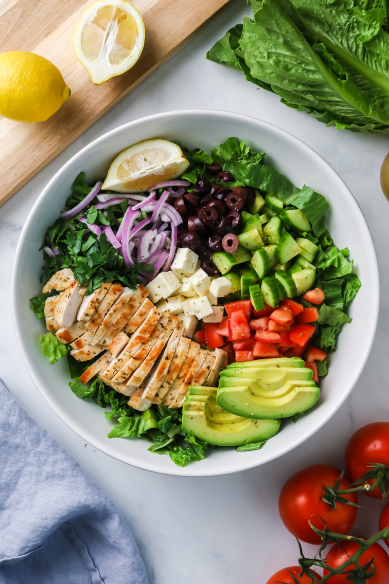 Greek chicken salad ingredients.