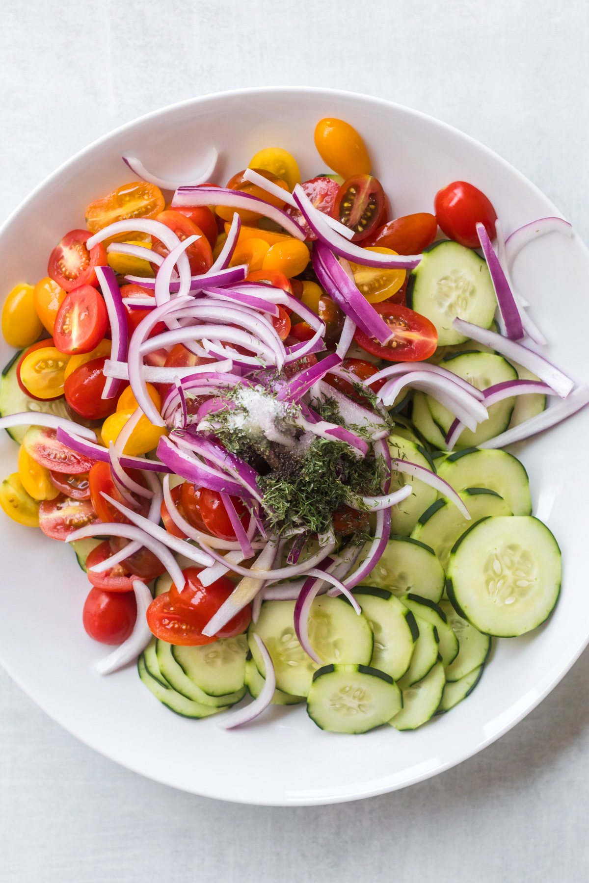 Cucumber tomato salad ingredients. 