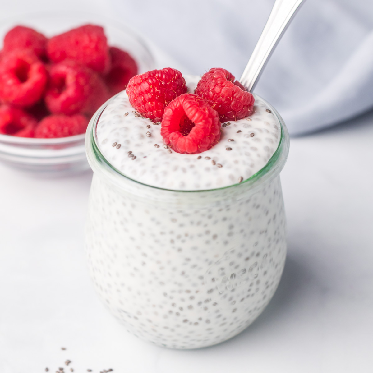 Greek yogurt chia pudding with raspberries and chia seeds.