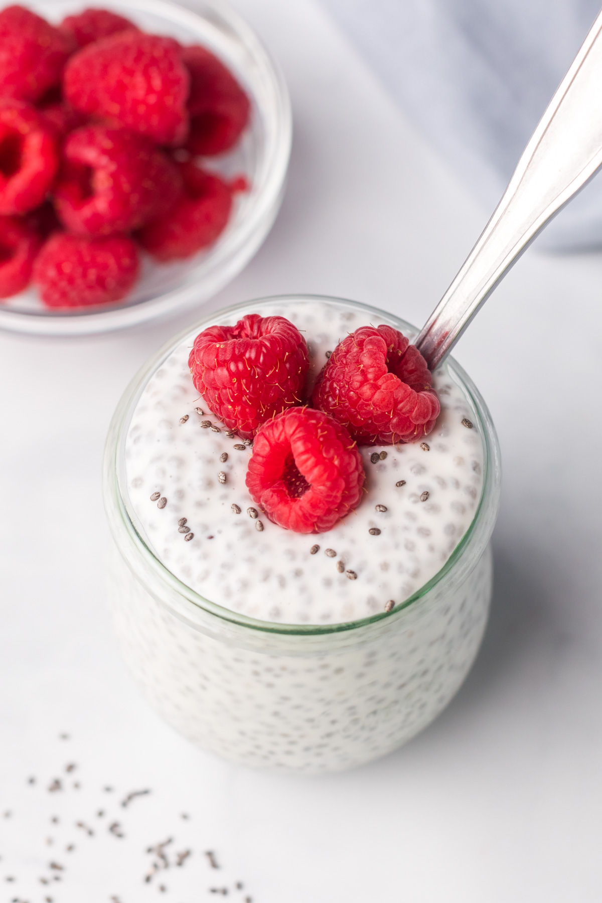 Greek yogurt chia pudding with raspberries and chia seeds.