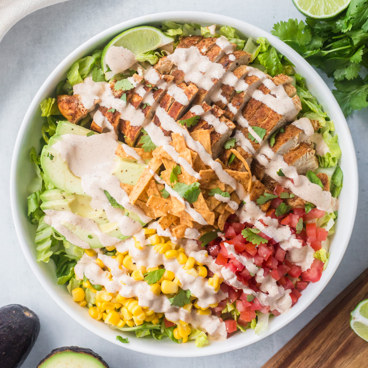 Santa fe salad with chicken and dressing.