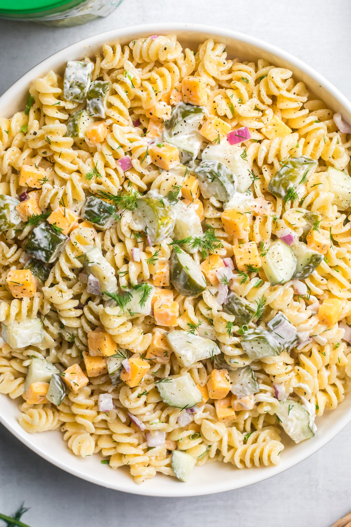 Dill pickle pasta salad with creamy dressing. 